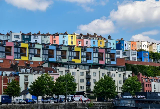 houses, colour, colourful, bristol, colorful, architecture, building, home, exterior, residential, city, apartment, modern, town, property, urban, street, blue home, blue street, bristol, bristol, bristol, bristol, bristol. Estate agent Instagram Reels ideas UK: 12 formats that get viewings