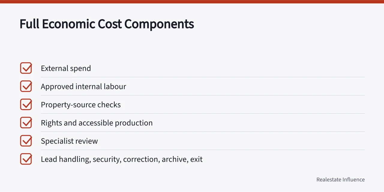 Checklist of cost components for full economic cost (Property-media return on investment with a counterfactual and a stopping rule)